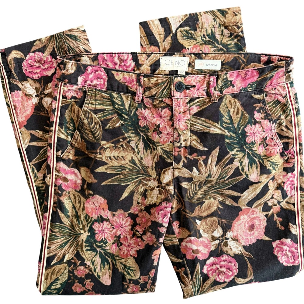 Anthropologie 29 Black Pink Floral Funky Maximalism Chino Pants Tuxedo Stripe